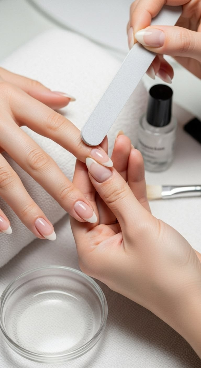 Professional technician performing gentle nail shaping