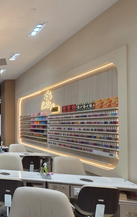 Modern and luxurious interior of La Paige Nails salon inside Sherway Gardens Mall in Etobicoke