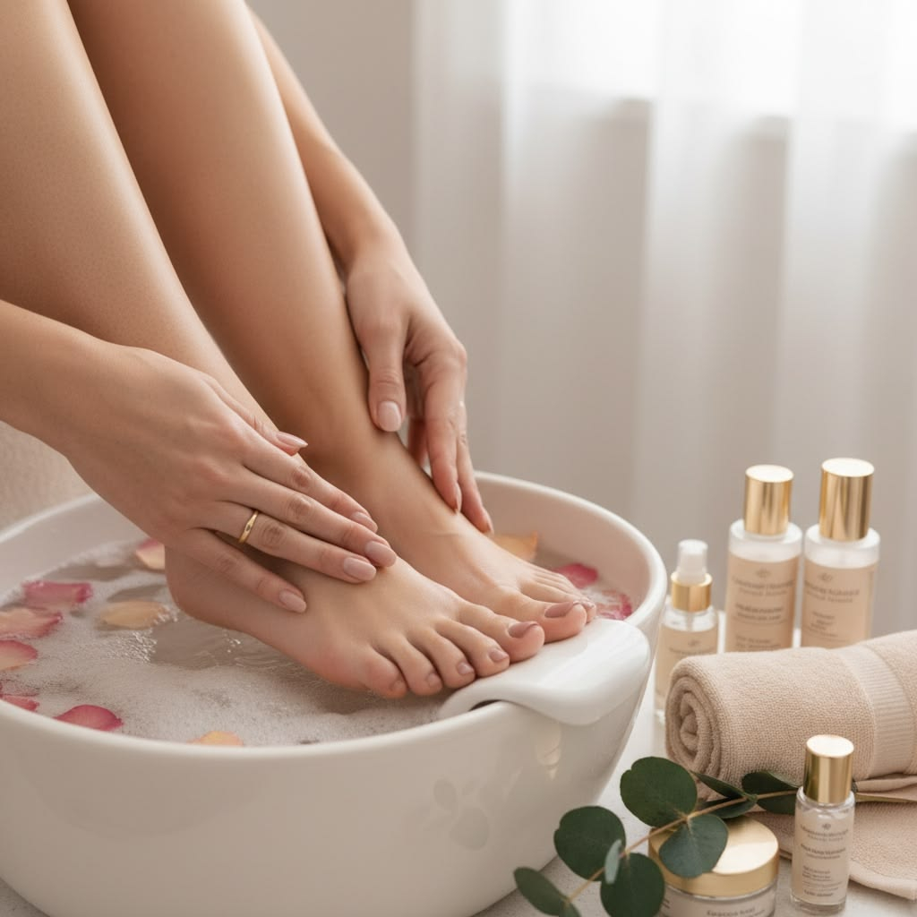 Woman soaking feet in warm flower petal bath with skincare lotions and eucalyptus