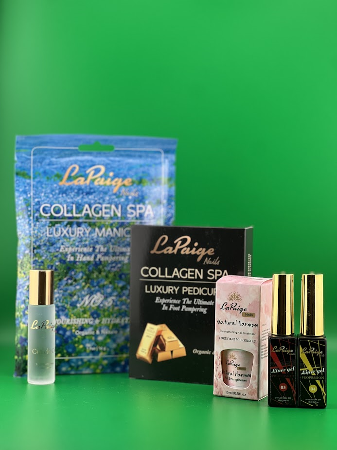 Premium organic skincare products and professional gel bottles used at La Paige Nails Sherway Gardens
