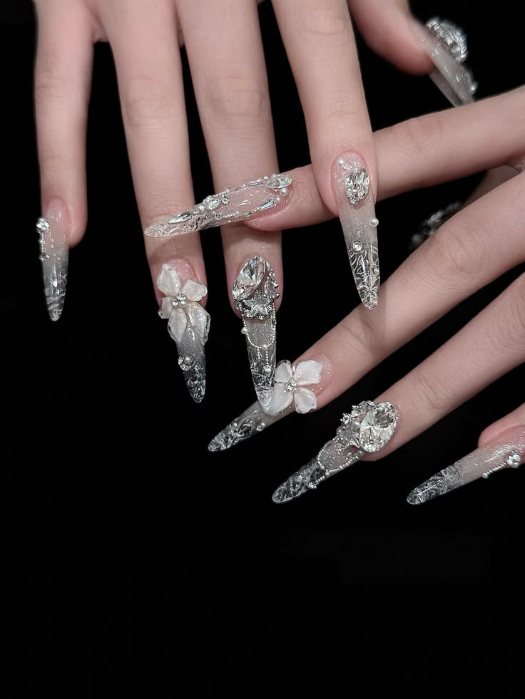 Luxurious bridal nail services Etobicoke with sparkling crystals and handcrafted 3D floral accents