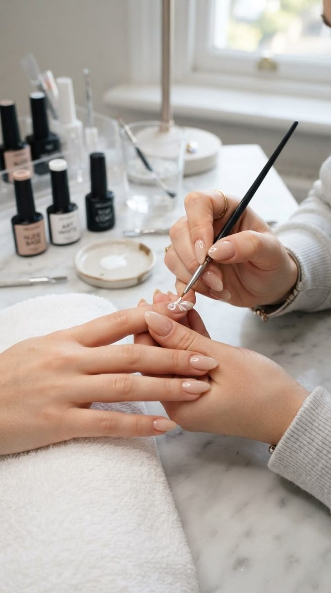 Detailed nail art and manicure and pedicure CF Sherway Gardens hand-painting delicate white floral designs