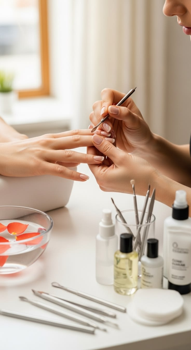Nail technician gently pushing cuticles with stainless steel tool during manicure