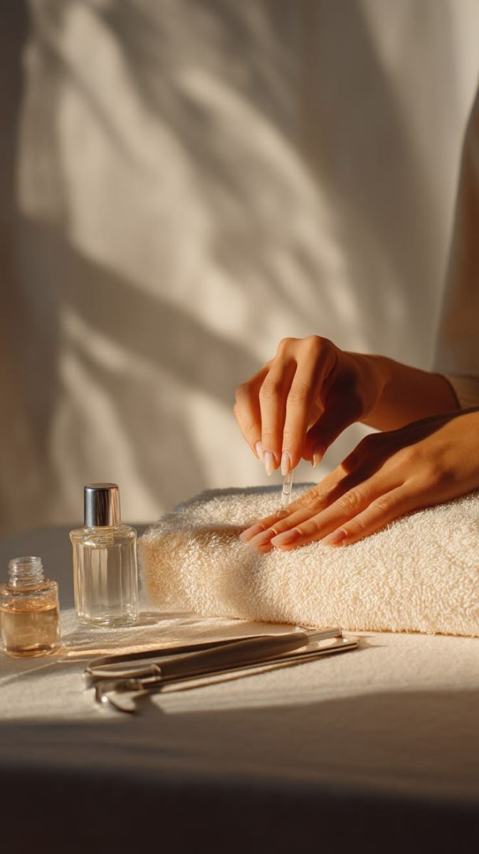 Applying nourishing cuticle oil during manicure at nail salon CF Sherway Gardens