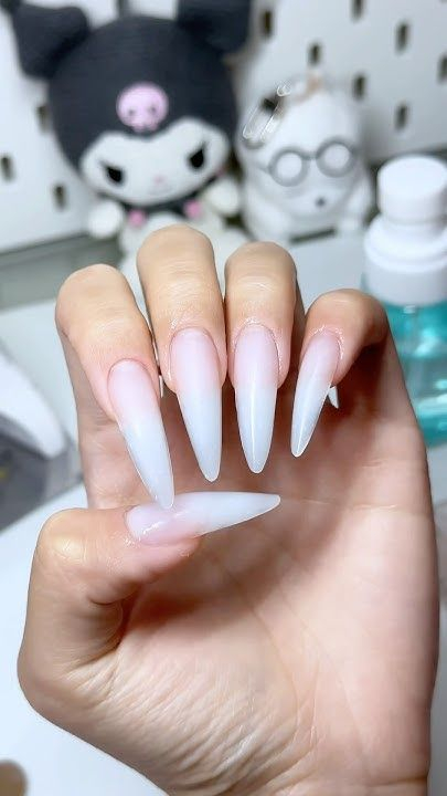 Long stiletto milky white ombre poly gel nail extensions Toronto