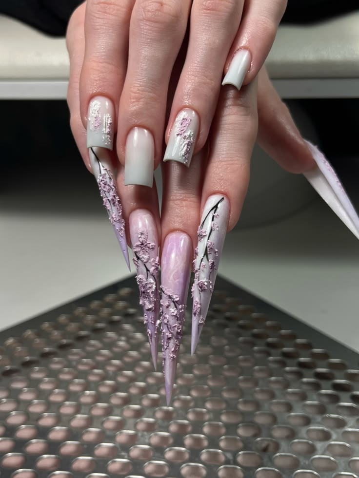 Unique 3D nail art Sherway Gardens Mall with textured winter floral branches and mixed nail shapes