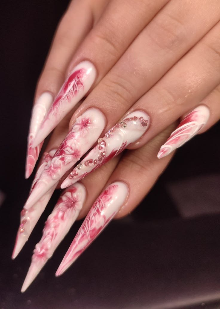 Ornate 3D nail art Sherway Gardens Mall with sculpted pink floral blossoms and marble swirl accents